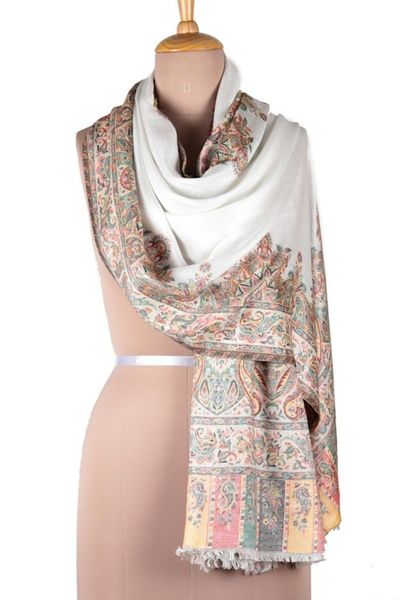 Alternate image for Modal Woven Shawl White with Multicolored Motifs Mughal Fresco