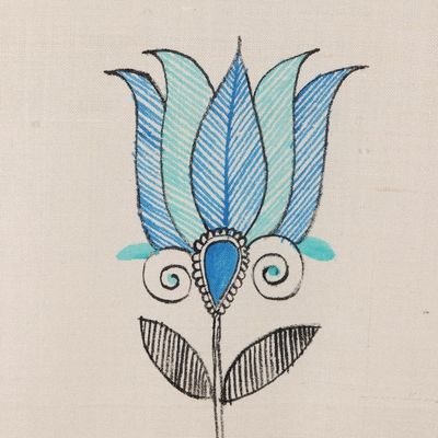 Alternate image for Handwoven Floral Motif Madhubani Silk Scarf from India Lotus Peace in Blue