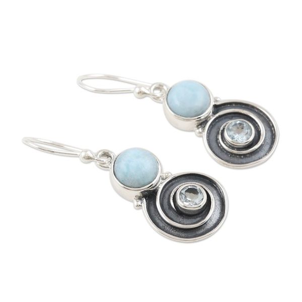 Alternate image for Larimar and Blue Topaz Sterling Silver Dangle Earrings Sky Spiral