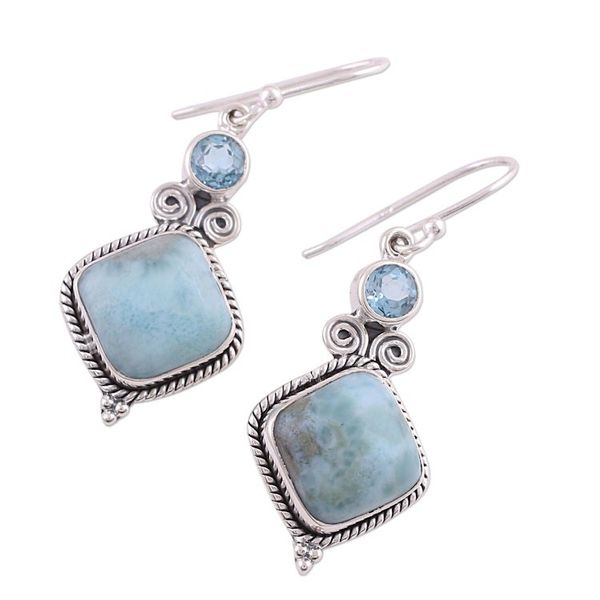 Alternate image for Blue Topaz and Larimar Sterling Silver Dangle Earrings Pastel Seas