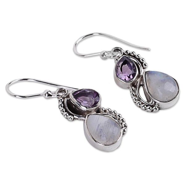Alternate image for Silver and Rainbow Moonstone Earrings with Faceted Amethyst Two Teardrops