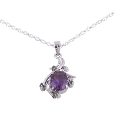 Alternate image for Rhodium Plated Amethyst and Emerald Necklace from India Harmony Vine