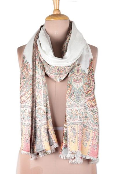 Alternate image for Modal Woven Shawl White with Multicolored Motifs Mughal Fresco