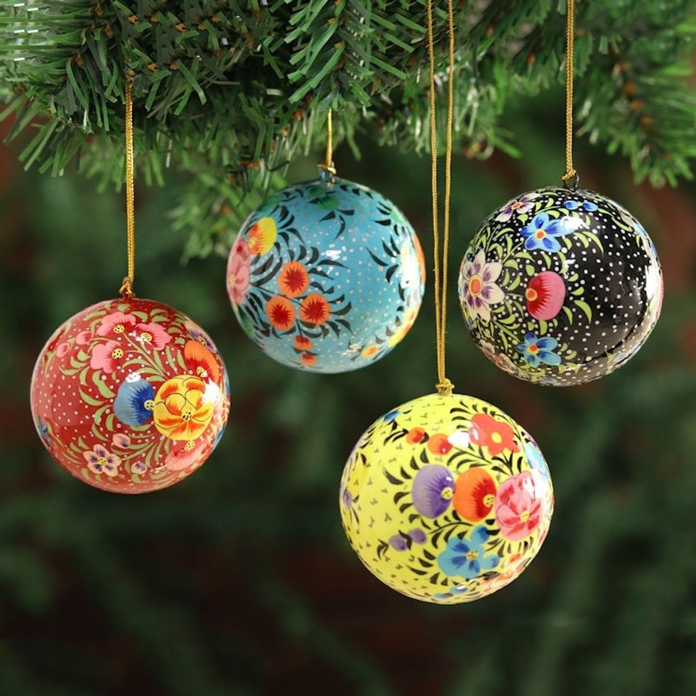 Hand Painted Multicolored Floral Ornaments Set of 4 'Kashmir Valley Ornaments'