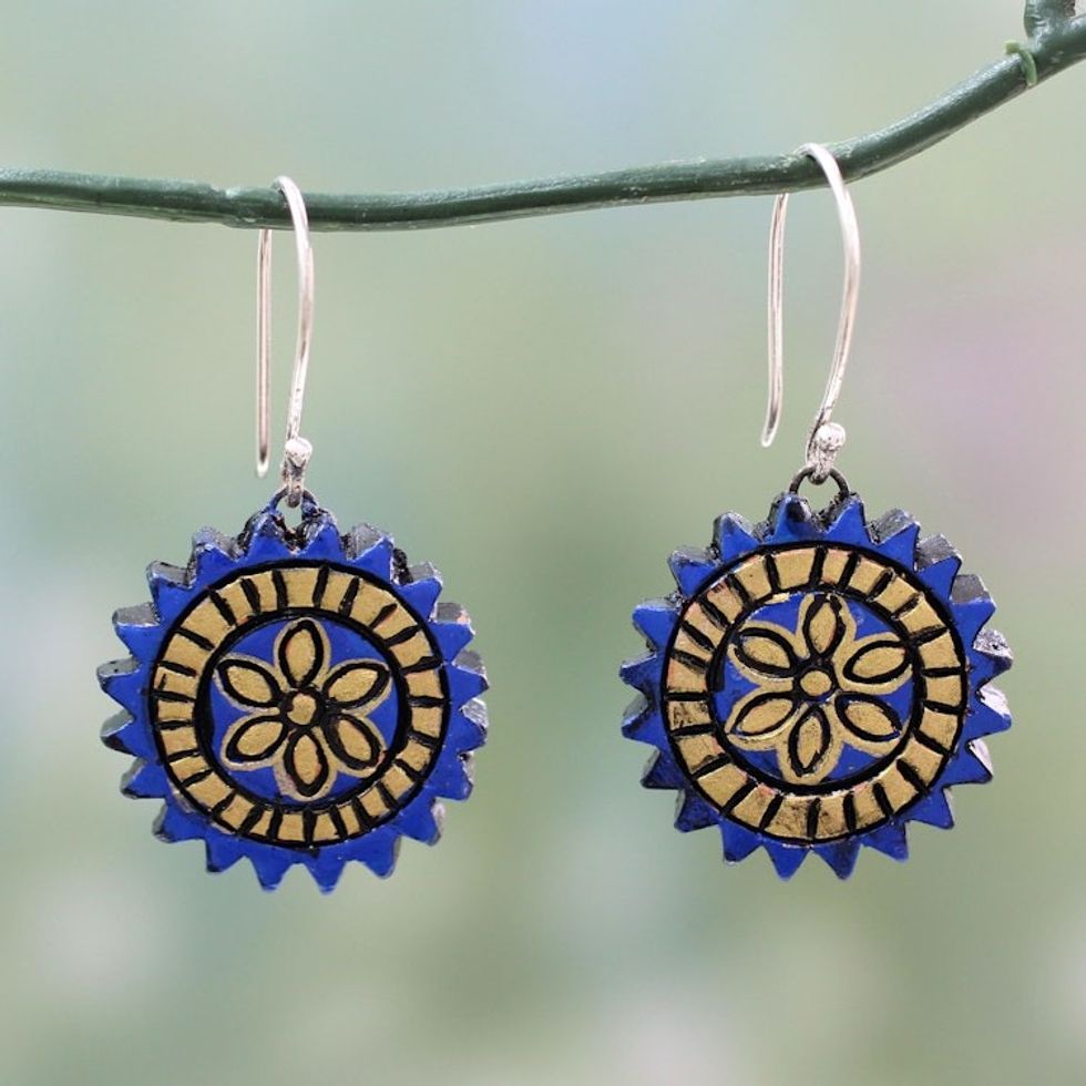 Blue and Golden Hand Painted Terracotta Silver Hook Earrings 'Peaceful Chakra'