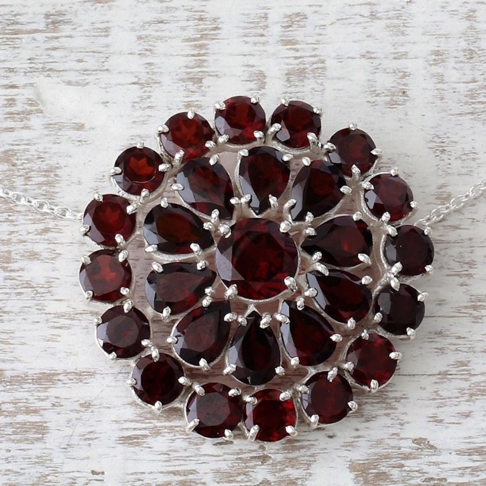 Garnet and Sterling Silver Pendant Necklace from India 'Crimson Burst'