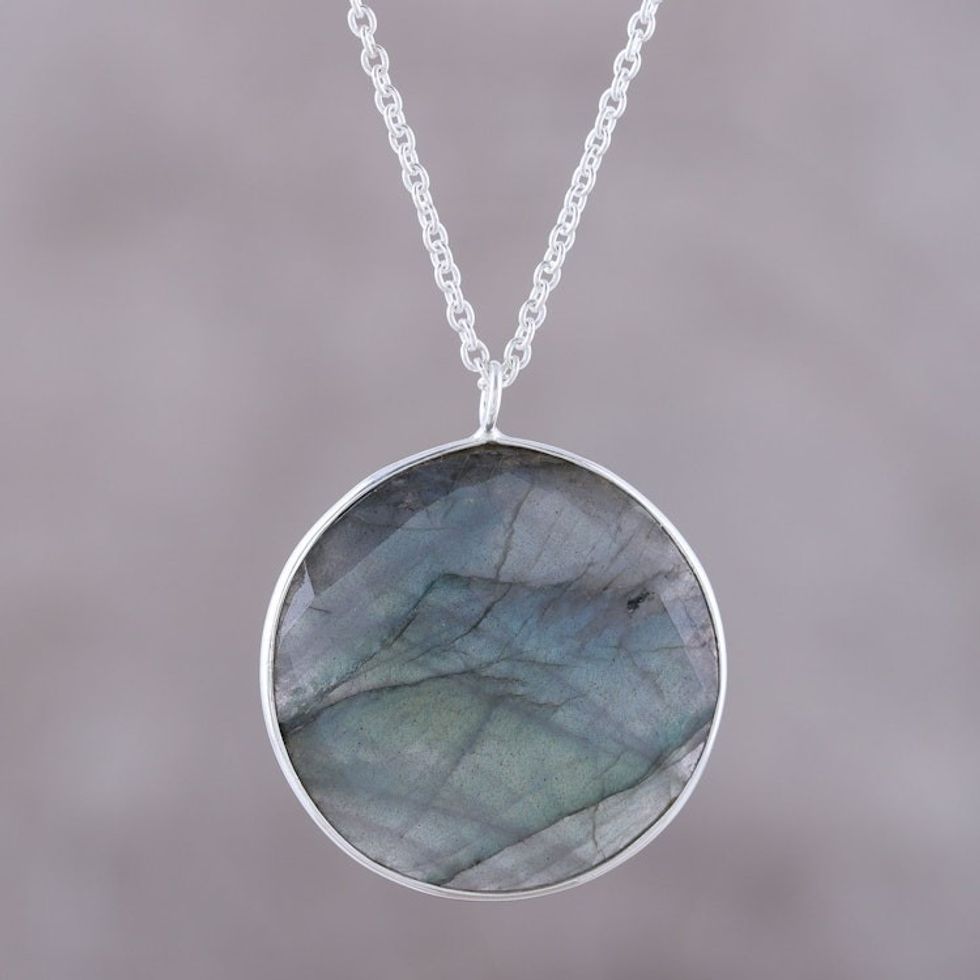 Circular Labradorite Pendant Necklace from India 'Aurora Moon'