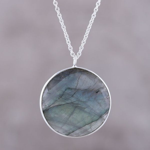 Alternate image for Circular Labradorite Pendant Necklace from India Aurora Moon