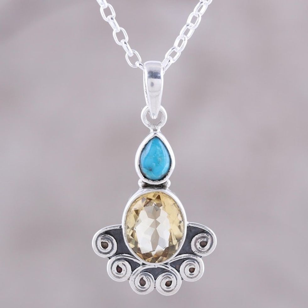 Citrine Oval and Sterling Silver Scrollwork Pendant Necklace 'Sun Salutations'
