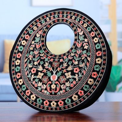 Alternate image for Floral Embroidered Black Faux Velvet Handbag in Vibrant Hues Jaipur Eden