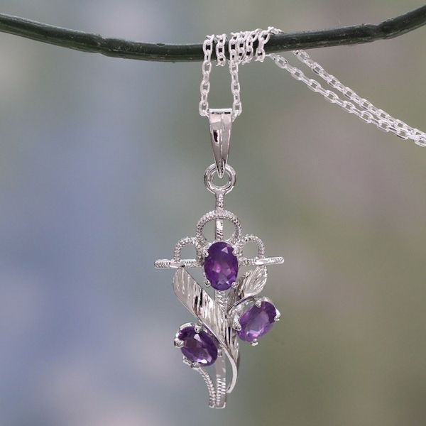 Alternate image for Amethyst and Silver Cross Necklace with Rhodium Plating Holy Trinity