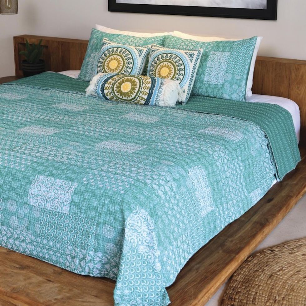 Kantha Cotton Bedspread and Shams in Seaglass 3 Piece 'Kantha Charm in Turquoise'