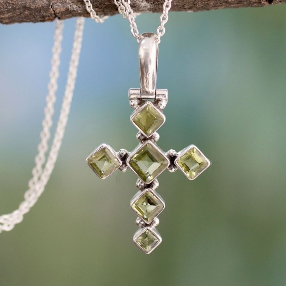 Cross Jewelry Peridot and Sterling Silver Necklace 'Joyous Cross'