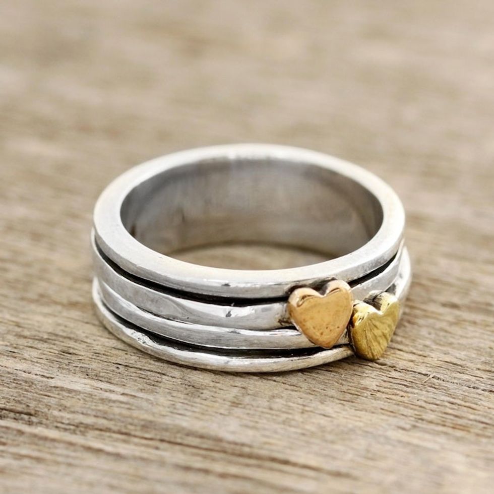 Heart Motif Sterling Silver and Brass Spinner Ring 'Traveling Hearts'