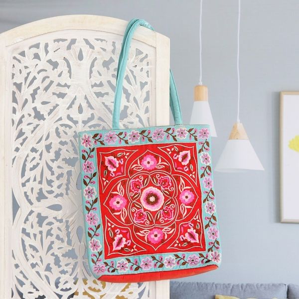 Alternate image for Artisan Crafted Embroidered 100 Cotton Floral Shoulder Bag Floral Emblem