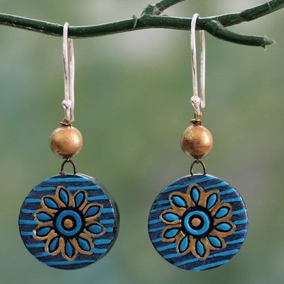 Alternate image for Hand Crafted Ceramic Dangle Earrings in Blue and Gold Mughal Morning