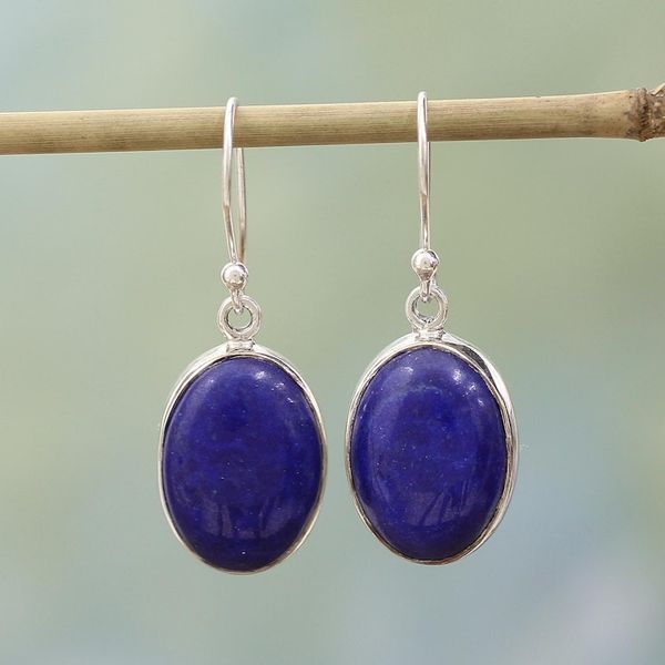 Alternate image for Sterling Silver Lapis Lazuli Dangle Earrings from India Oval Seas
