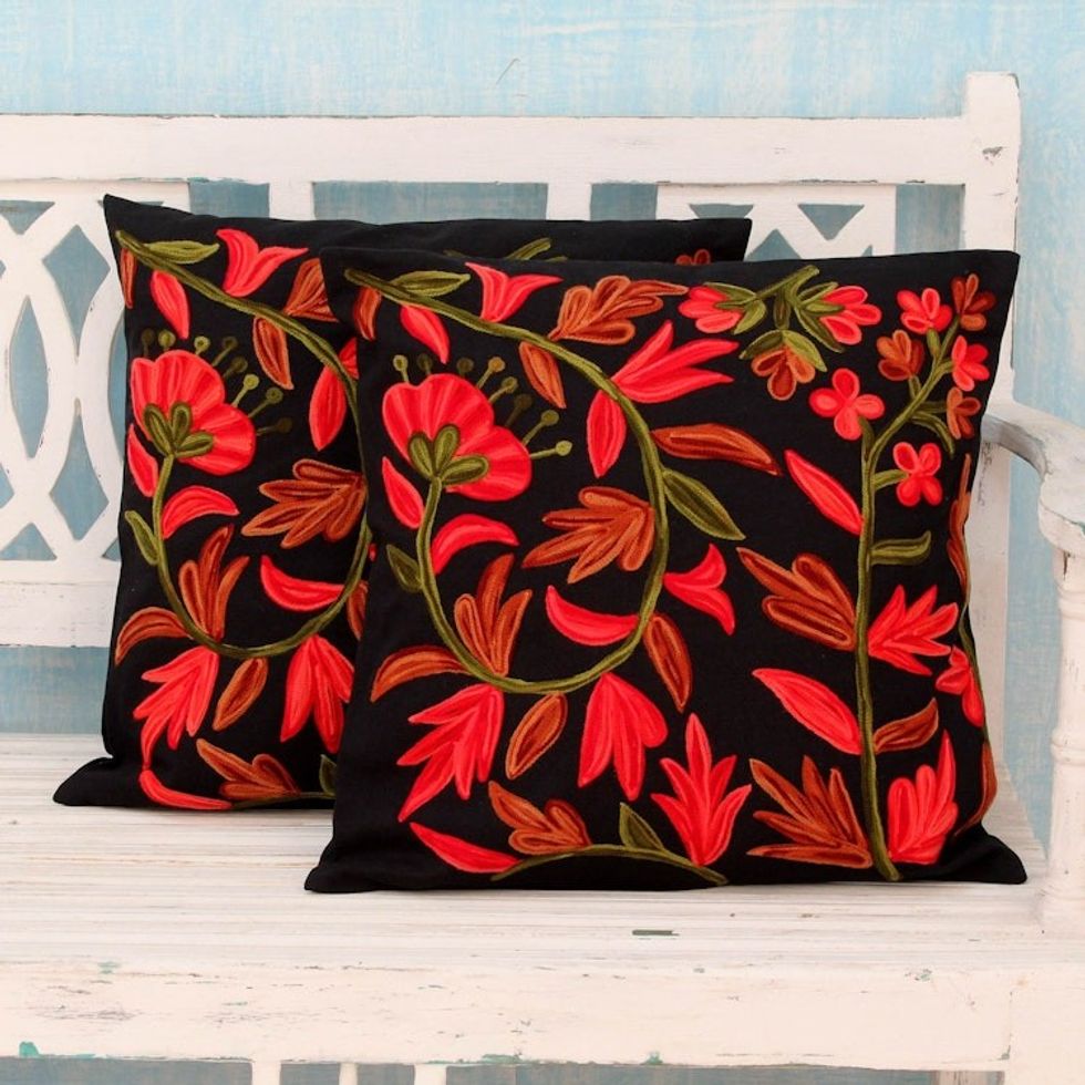 2 Chainstitch Embroidery Black Cotton Floral Cushion Covers 'Poppies at Midnight'