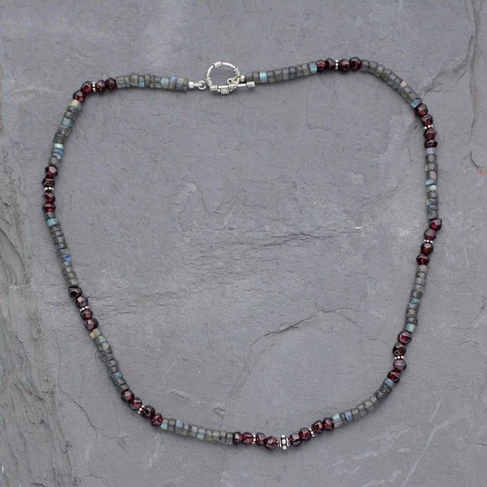 Labradorite and garnet beaded necklace 'Orissa Harmony'