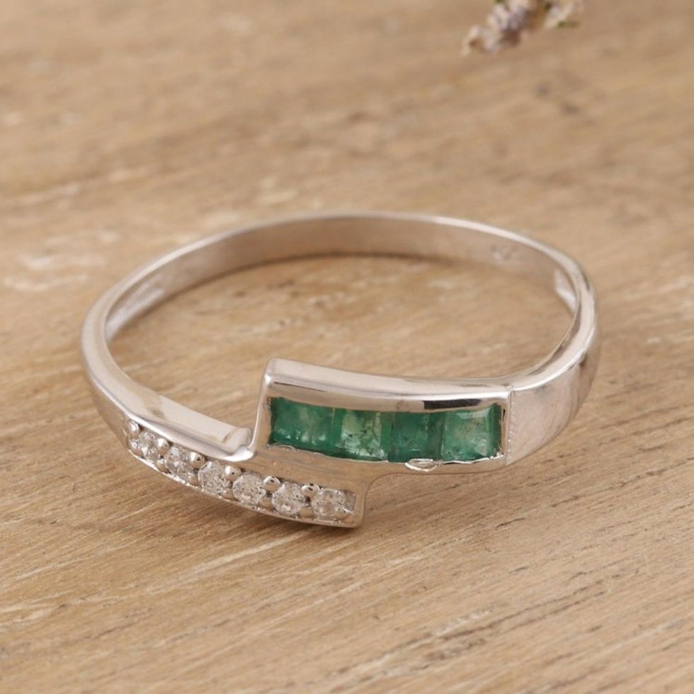 Rhodium-Plated Emerald Band Ring from India 'Sun Path in Green'