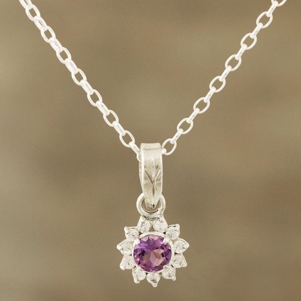 Alternate image for Floral Amethyst Pendant Necklace Crafted in India Gleaming Flower