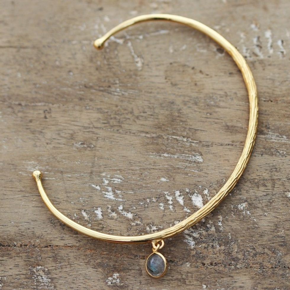 18k Gold-Plated Cuff Bracelet with Labradorite Charm 'Evening Appeal'