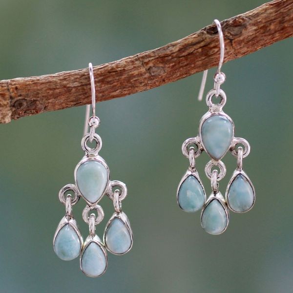 Alternate image for Handmade Larimar and Sterling Silver Chandelier Earrings Sky Drops