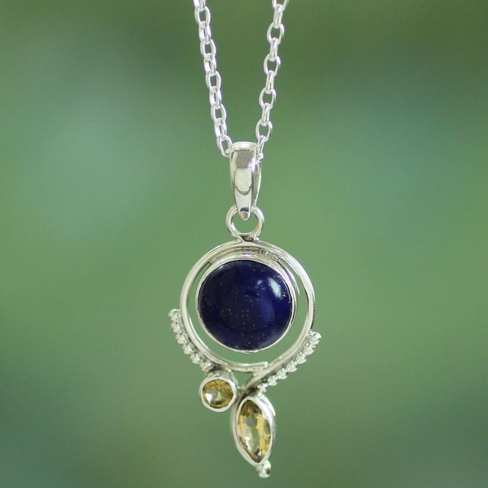 Handcrafted Lapis and Citrine Sterling Silver Necklace 'Glory in Blue'