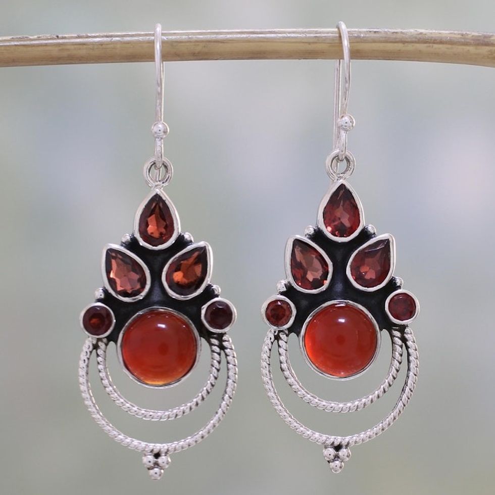 Garnet and Carnelian Dangle Earrings by Indian Artisans 'Radiant Harmony'