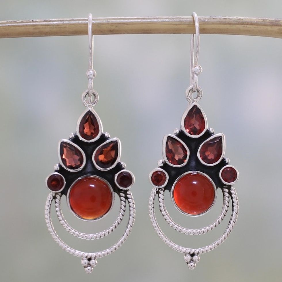 Garnet and Carnelian Dangle Earrings by Indian Artisans 'Radiant Harmony'