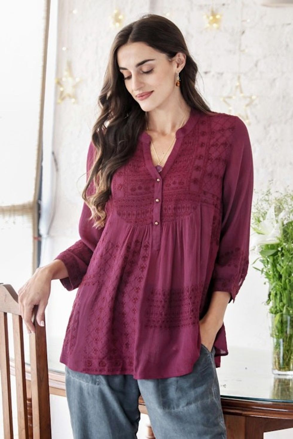 Embroidered Viscose Tunic from India 'Mulberry Tree'