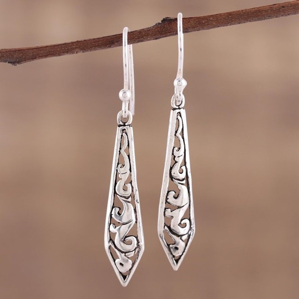 Dagger Shaped Sterling Silver Dangle Earrings from India 'Sword of Delhi'