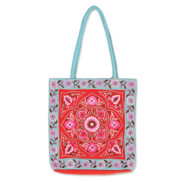Alternate image for Artisan Crafted Embroidered 100 Cotton Floral Shoulder Bag Floral Emblem