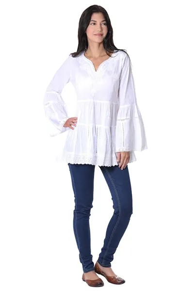 Alternate image for Floral Embroidered White Cotton Blouse from India Floral White