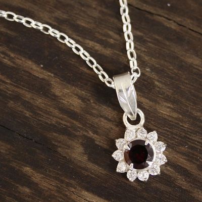 Alternate image for Floral Garnet Pendant Necklace from India Gleaming Flower