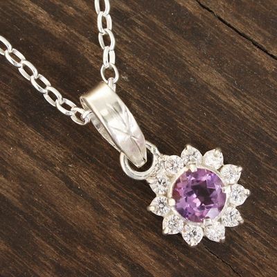 Alternate image for Floral Amethyst Pendant Necklace Crafted in India Gleaming Flower