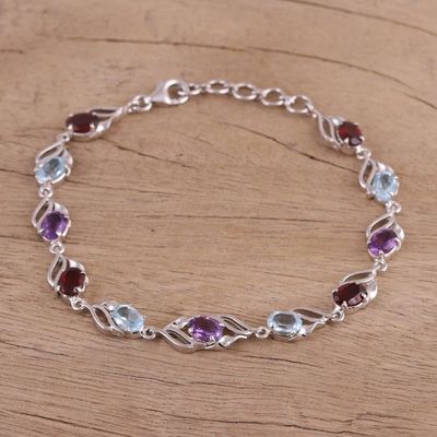 Alternate image for Rhodium Plated Multi-Gemstone Link Bracelet from India Colorful Leaves