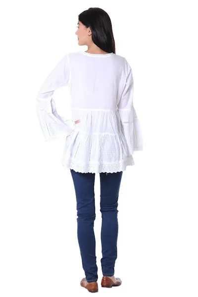 Alternate image for Floral Embroidered White Cotton Blouse from India Floral White