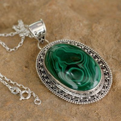 Alternate image for Sterling Silver Necklace Malachite Jewelry from India Forest Whirlwind