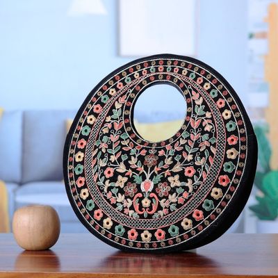 Alternate image for Floral Embroidered Black Faux Velvet Handbag in Vibrant Hues Jaipur Eden