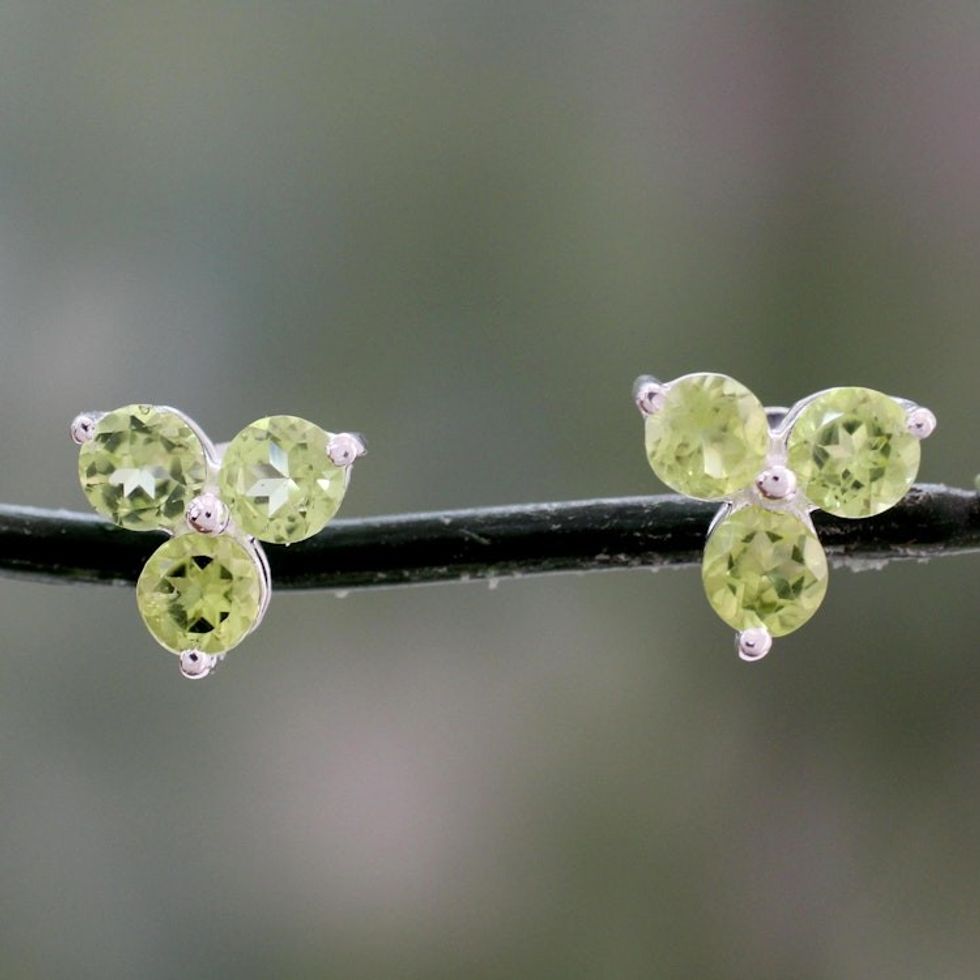 Artisan Crafted Triple Peridot Stud Earrings from India 'Charming Trio'