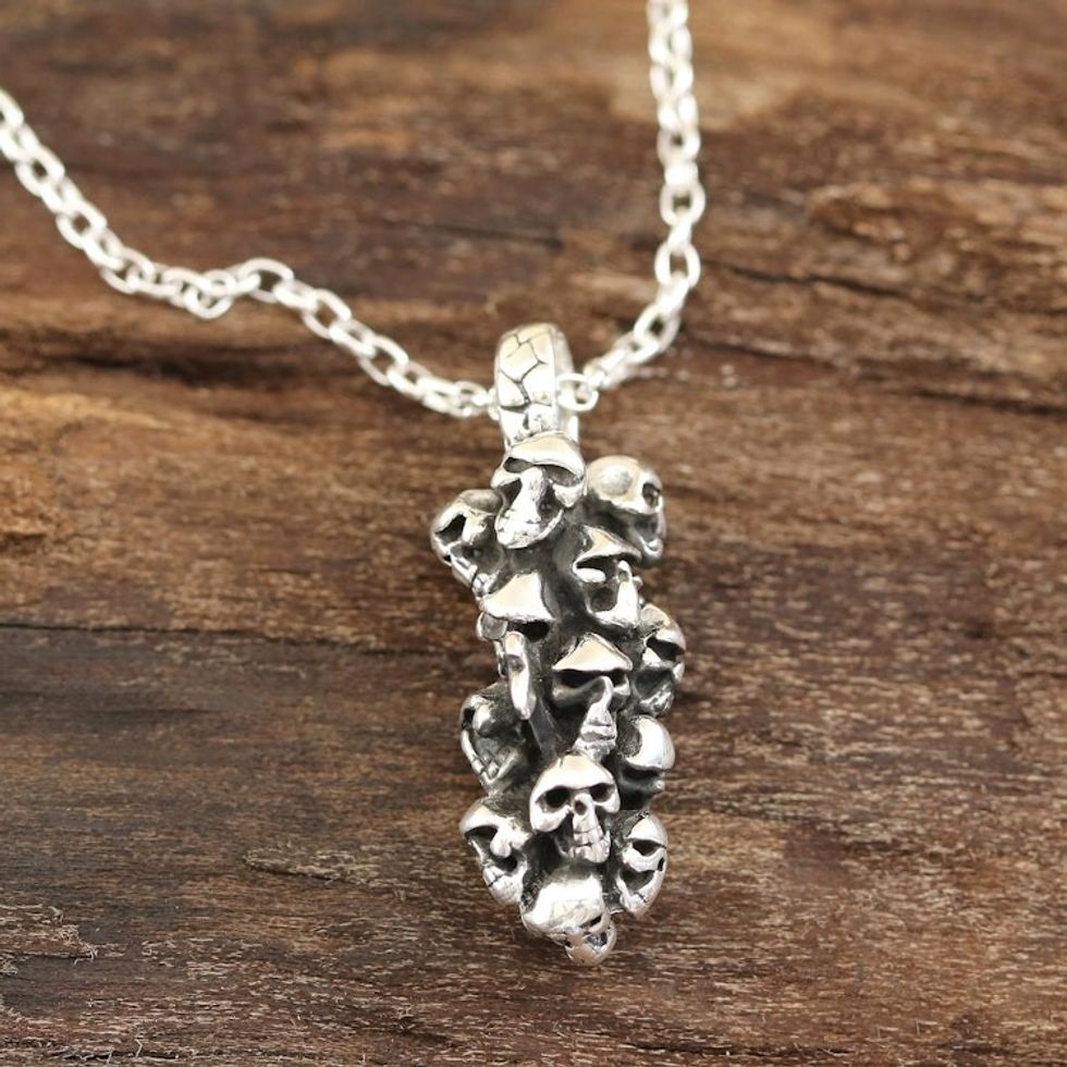 Sterling Silver Skull Pendant Necklace from India 'Skull Cluster'