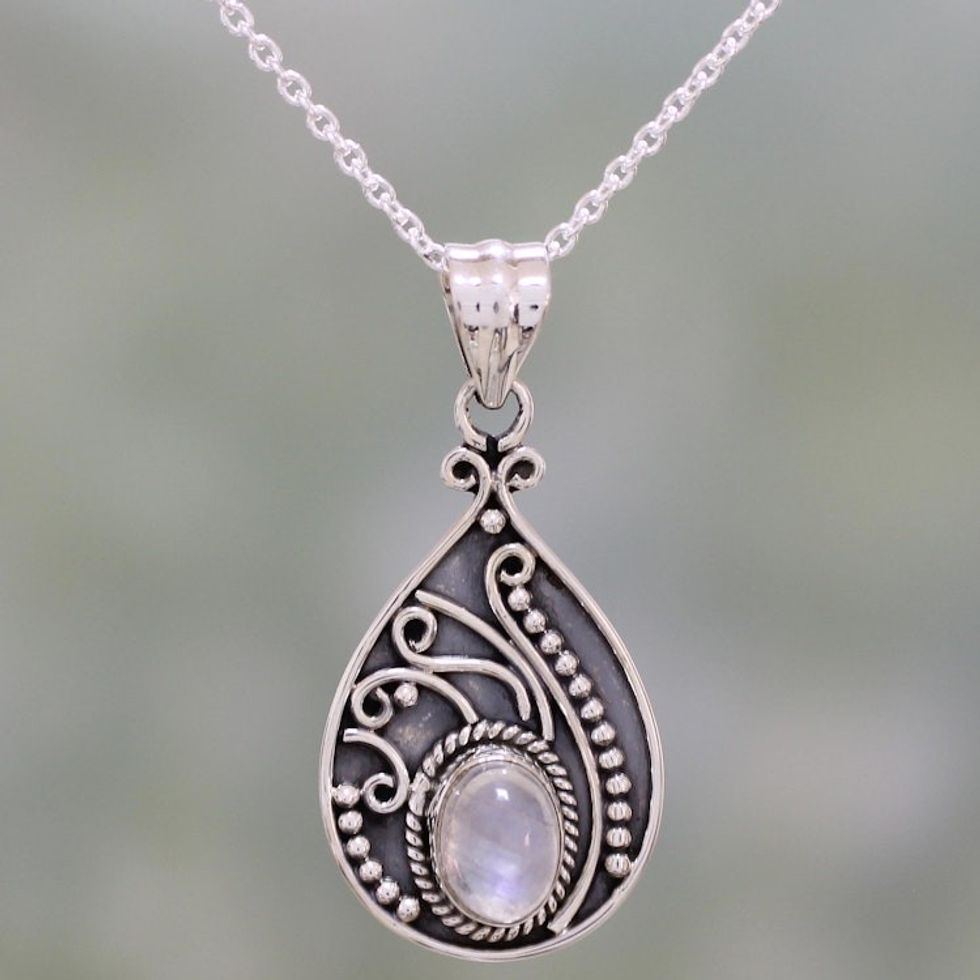 Rainbow Moonstone and Sterling Silver Pendant Necklace 'Raindrop Glow'