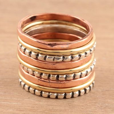 Alternate image for Sterling Silver Brass and Copper Stacking Rings Set of 9 Elegant Pattern
