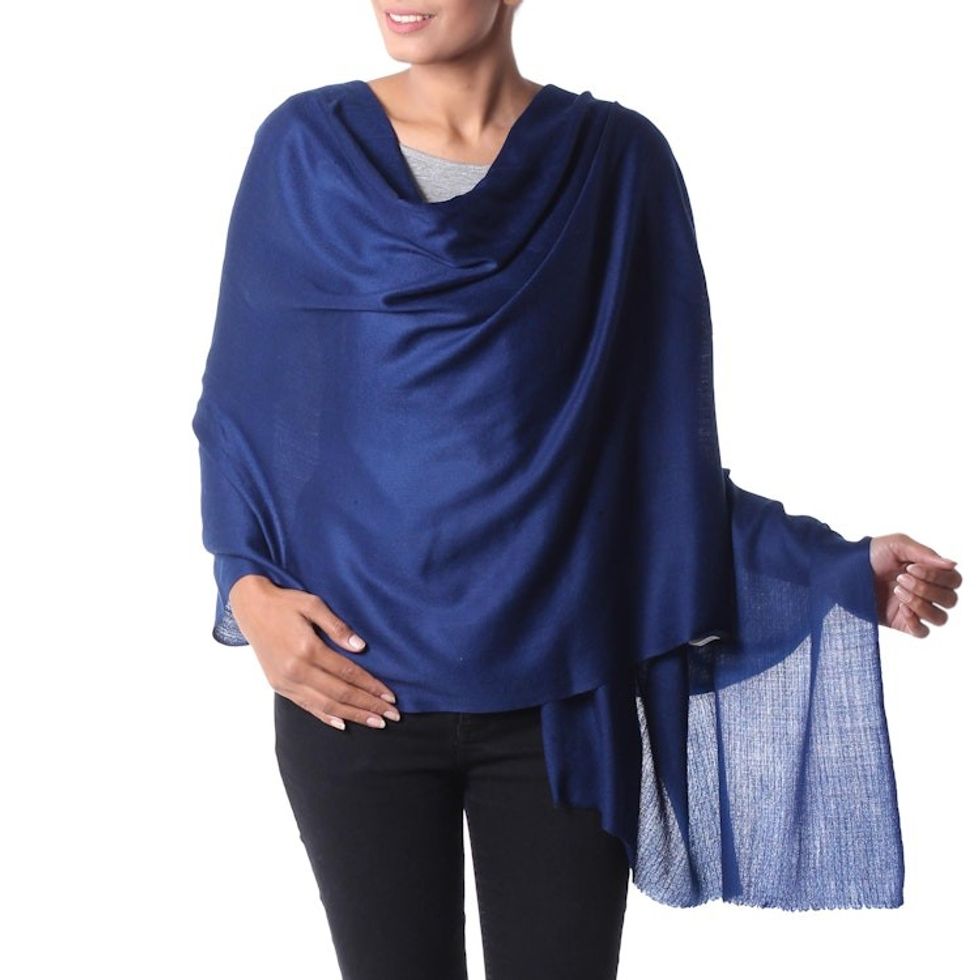 Indian Deep Cobalt Blue Woven Wool Shawl for Women 'Valley Mist in Cobalt'