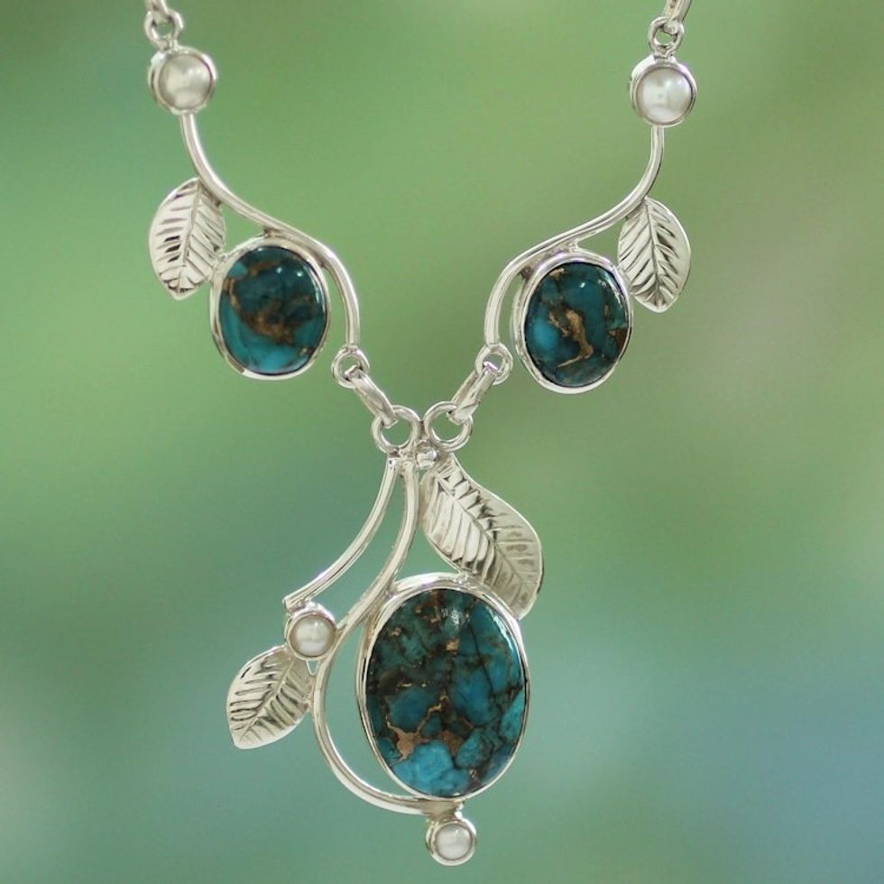 Composite Turquoise and Cultured Pearl Y Necklace 'Dew Blossom'