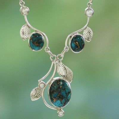 Primary image for Composite Turquoise and Cultured Pearl Y Necklace Dew Blossom