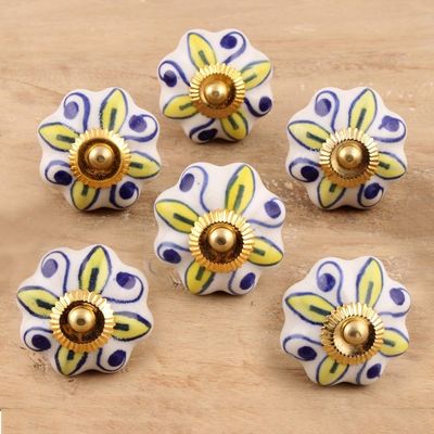 Alternate image for Ceramic Cabinet Knobs Floral Yellow White Set of 6 India Bright Sunshine