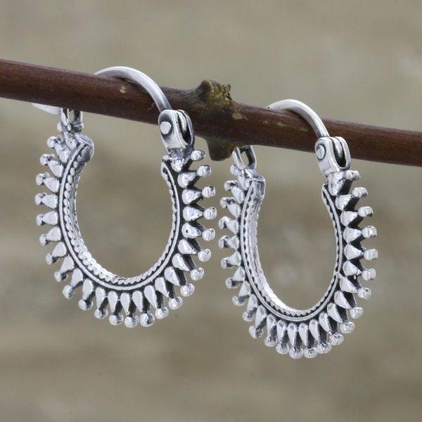 Alternate image for Handmade Sterling Silver Hoop Earrings Bright Rays