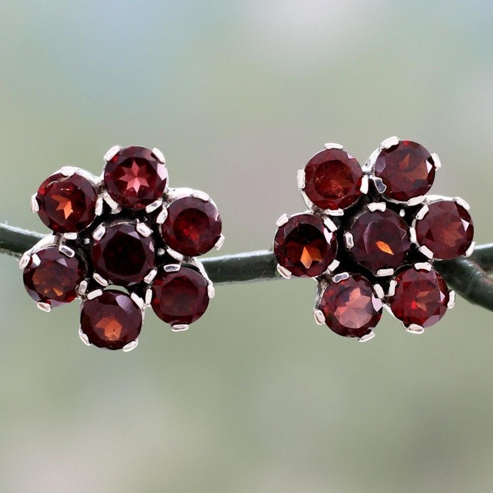 Artisan Crafted Floral Button Earrings with Garnet 'Romantic Blossom'